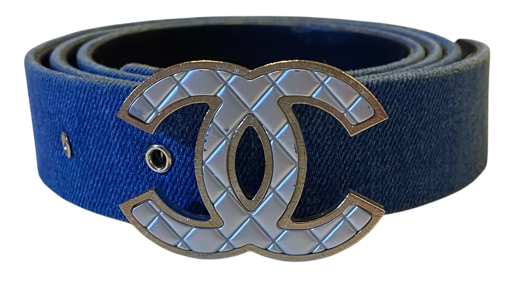 Chanel Airlines 16P Blue Denim CC Matte Silver & Gold Buckle Belt