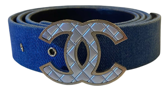 Chanel Airlines 16P Blue Denim CC Matte Silver & Gold Buckle Belt 90/36
