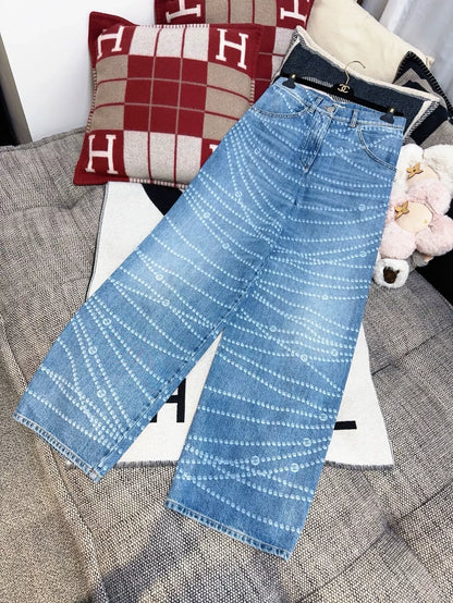 Chanel 25p popular blue pearl chain print logo wide-leg jeans