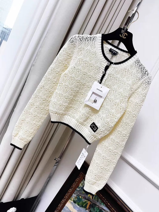 Chanel 24P Cream White Knit Top with Black Trim and Rhinestone Buttons