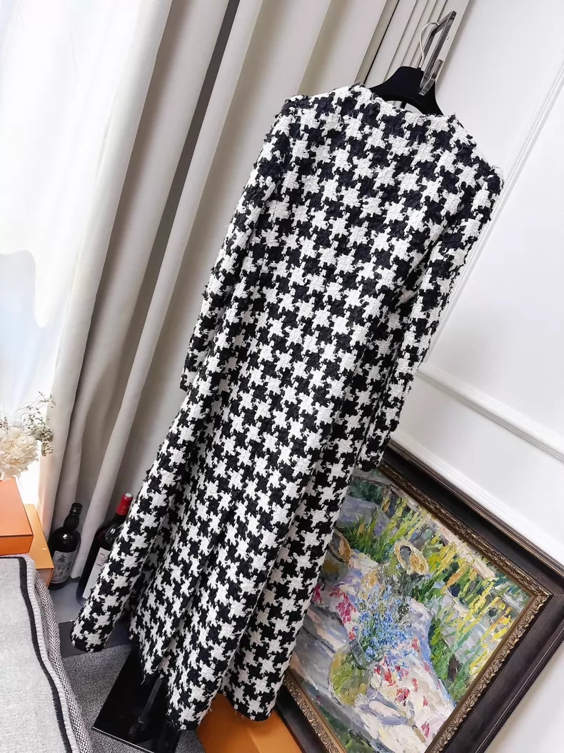 Chanel 21A Black and White Houndstooth Tweed Long Coat