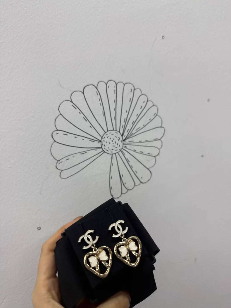 Chanel 25p Heart Bow Double C Rhinestone Pendant Earrings
