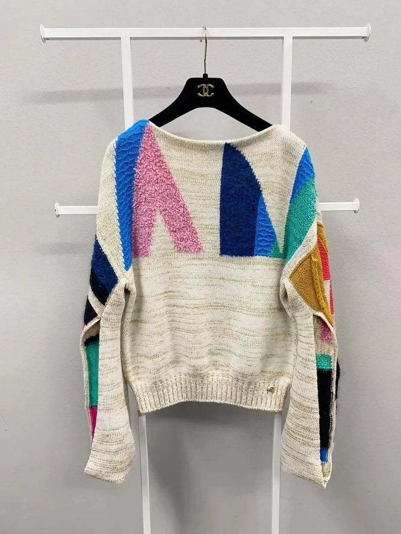 Chanel 19A geometric pattern beige blue pink and black sweater