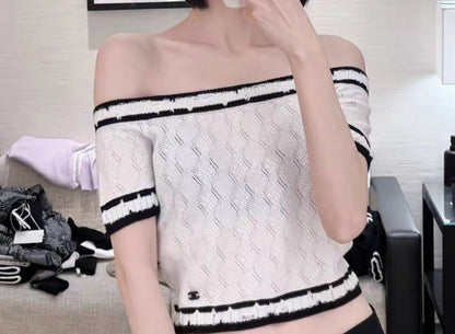 Chanel 22SS white black edge knitted off shoulder top