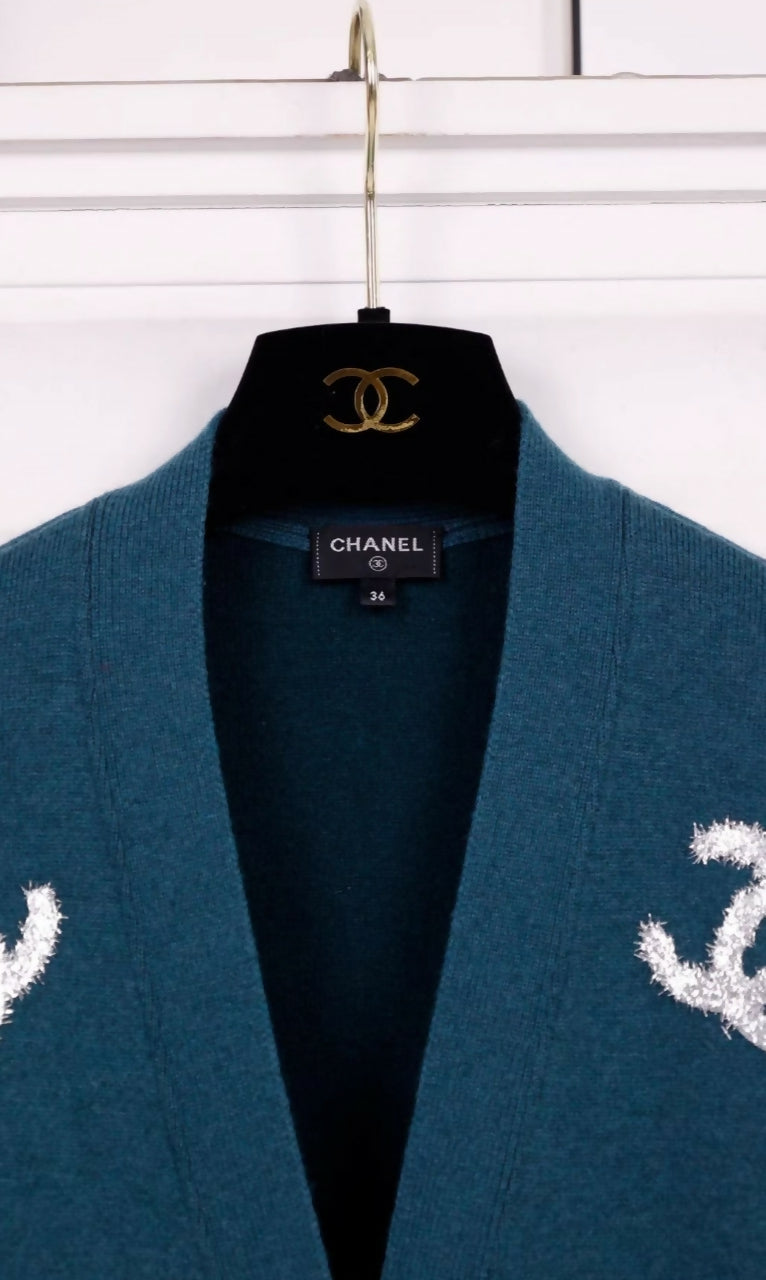Chanel 22A Green Silver cc Cashmere Cardigan