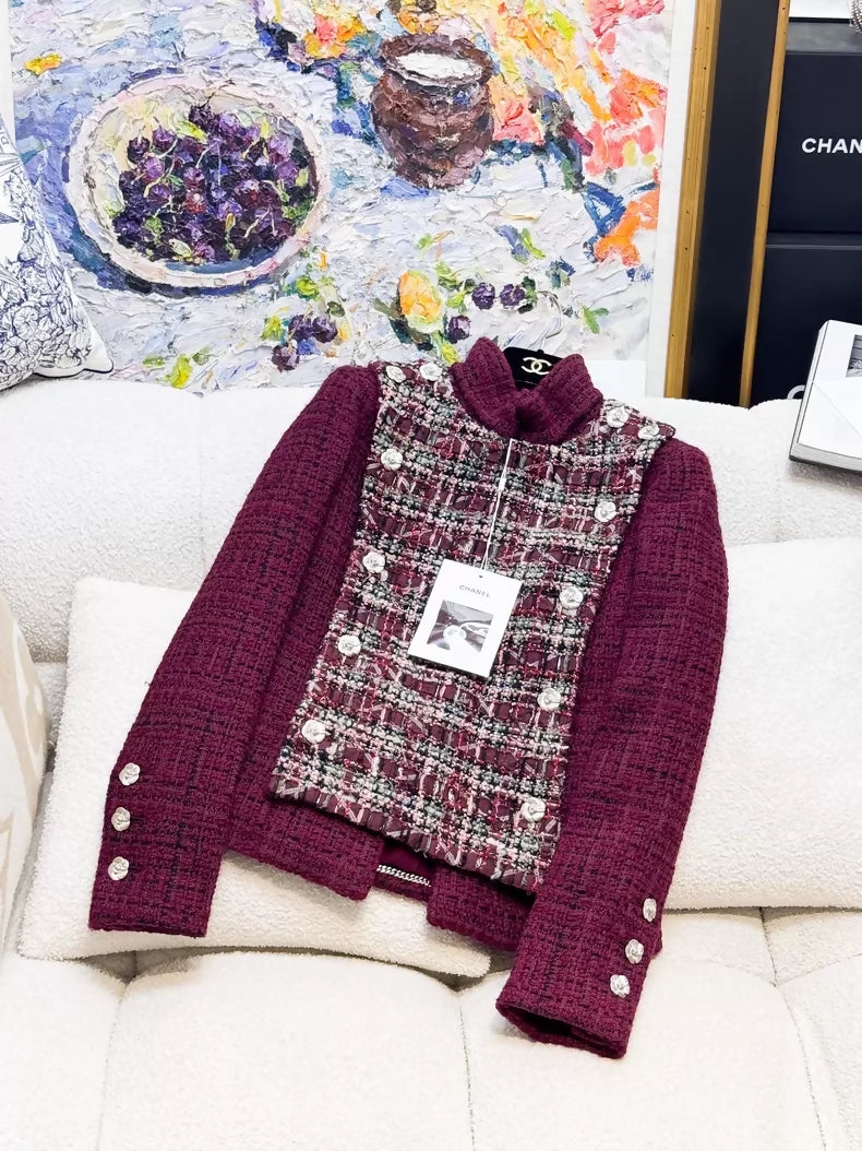 Chanel 23k Burgundy Wool Tweed Turtleneck Jacket with skirt set