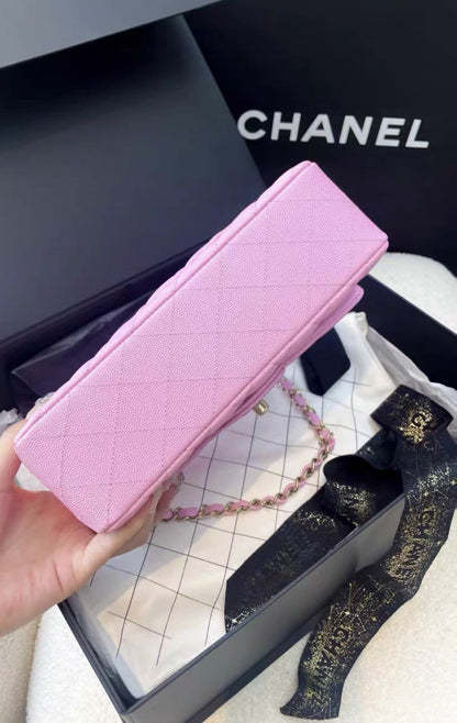 Chanel pink lychee leather small cf chain bag