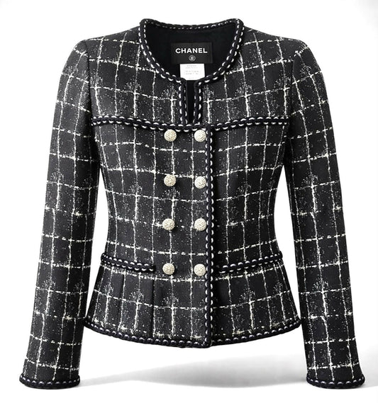 Chanel 14P Black Grid Tweed Braided Trim Double Breasted Jacket FR 36