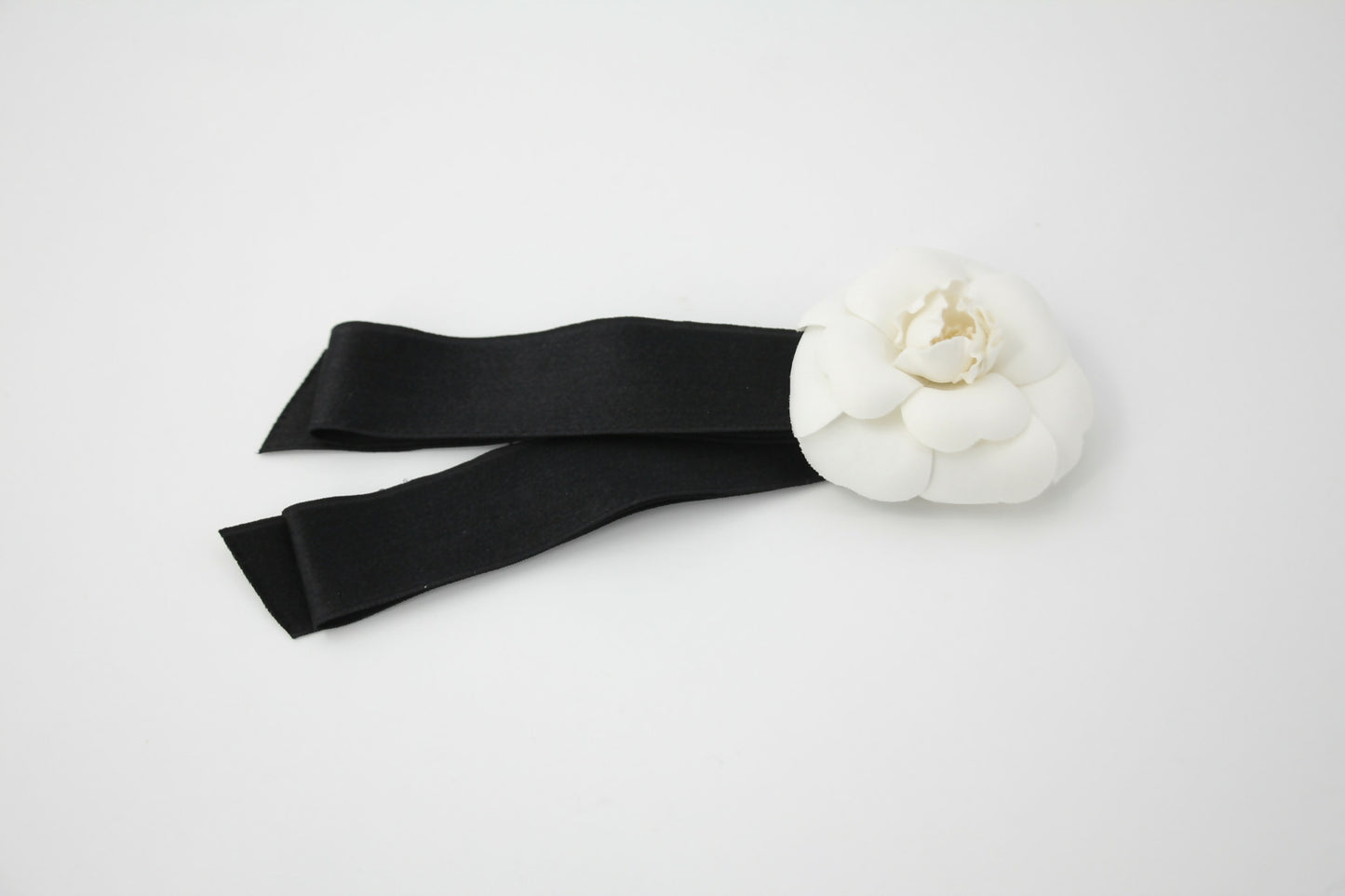 Chanel Vintage 81-85 Satin Fabric Black Camellia Ribbon Brooch