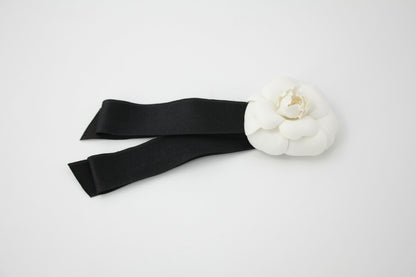 Chanel Vintage 81-85 Satin Fabric Black Camellia Ribbon Brooch
