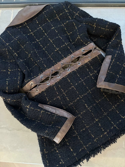 Chanel 16k black and gold tweed & leather jacket