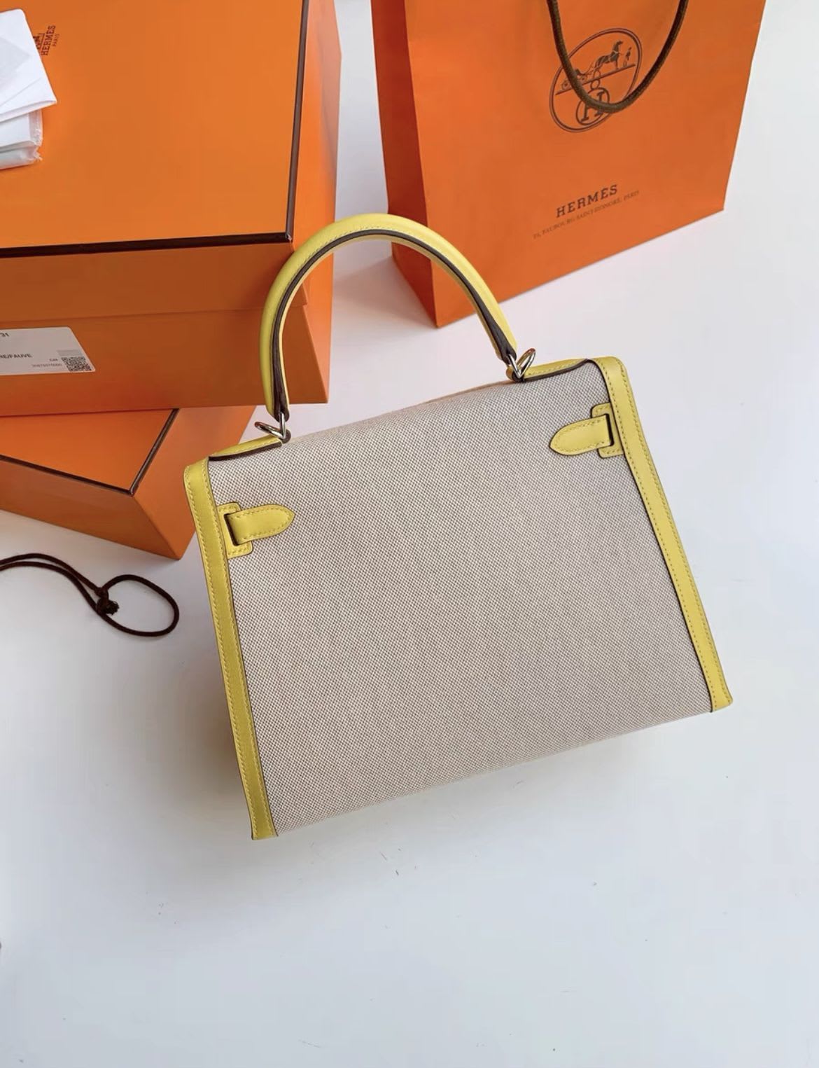 HERMES kelly28 9o Naples yellow patchwork canvas silver