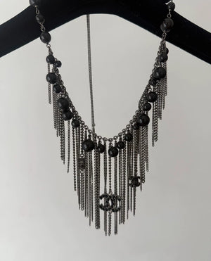 Chanel Black Beaded Tassel Double C Necklace