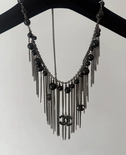 Chanel Black Beaded Tassel Double C Necklace