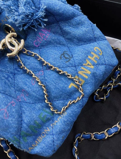 Chanel Blue Denim Logo Printed Quilted Mini Mood Bucket Bag Gold Hardware, 2022