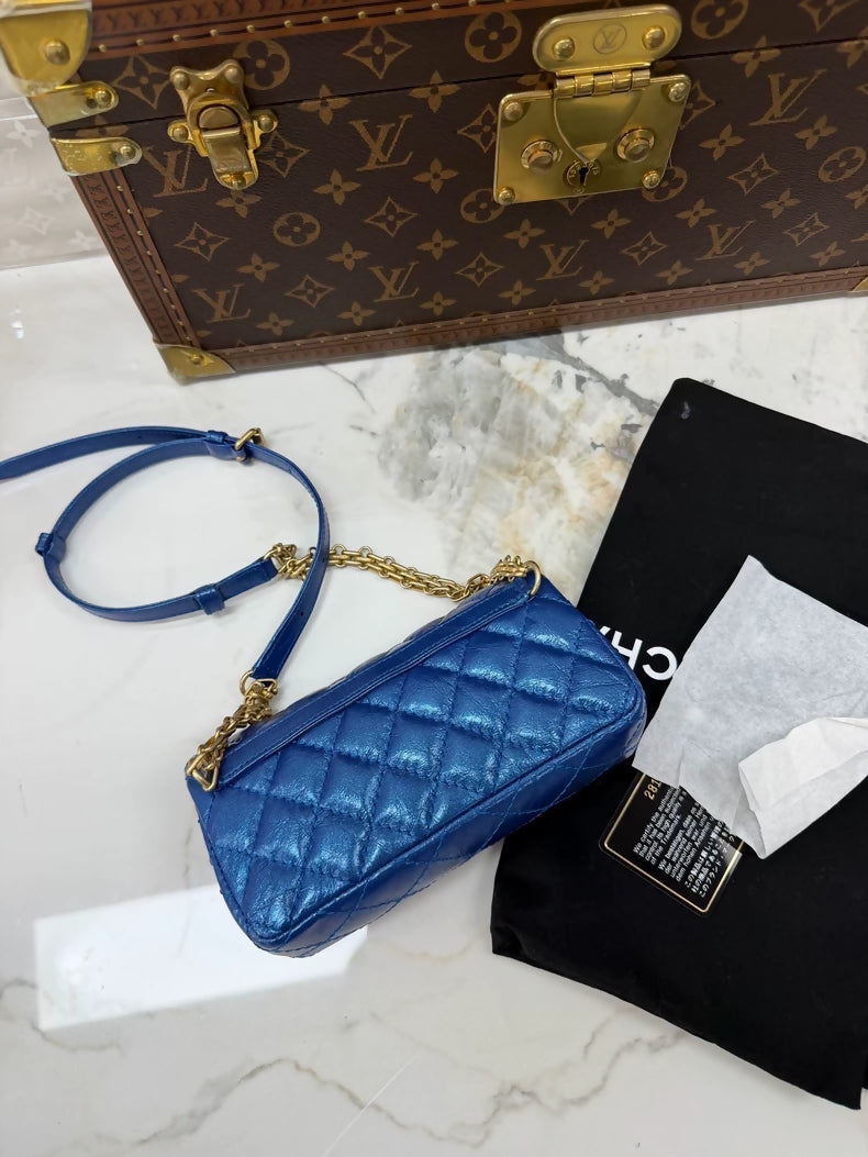 Chanel 2.55 Blue and Gold Vintage Pleated Leather Chain Bag