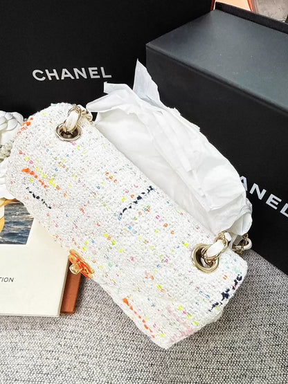 Chanel 24C white sequined tweed Min Flap CF chain bag