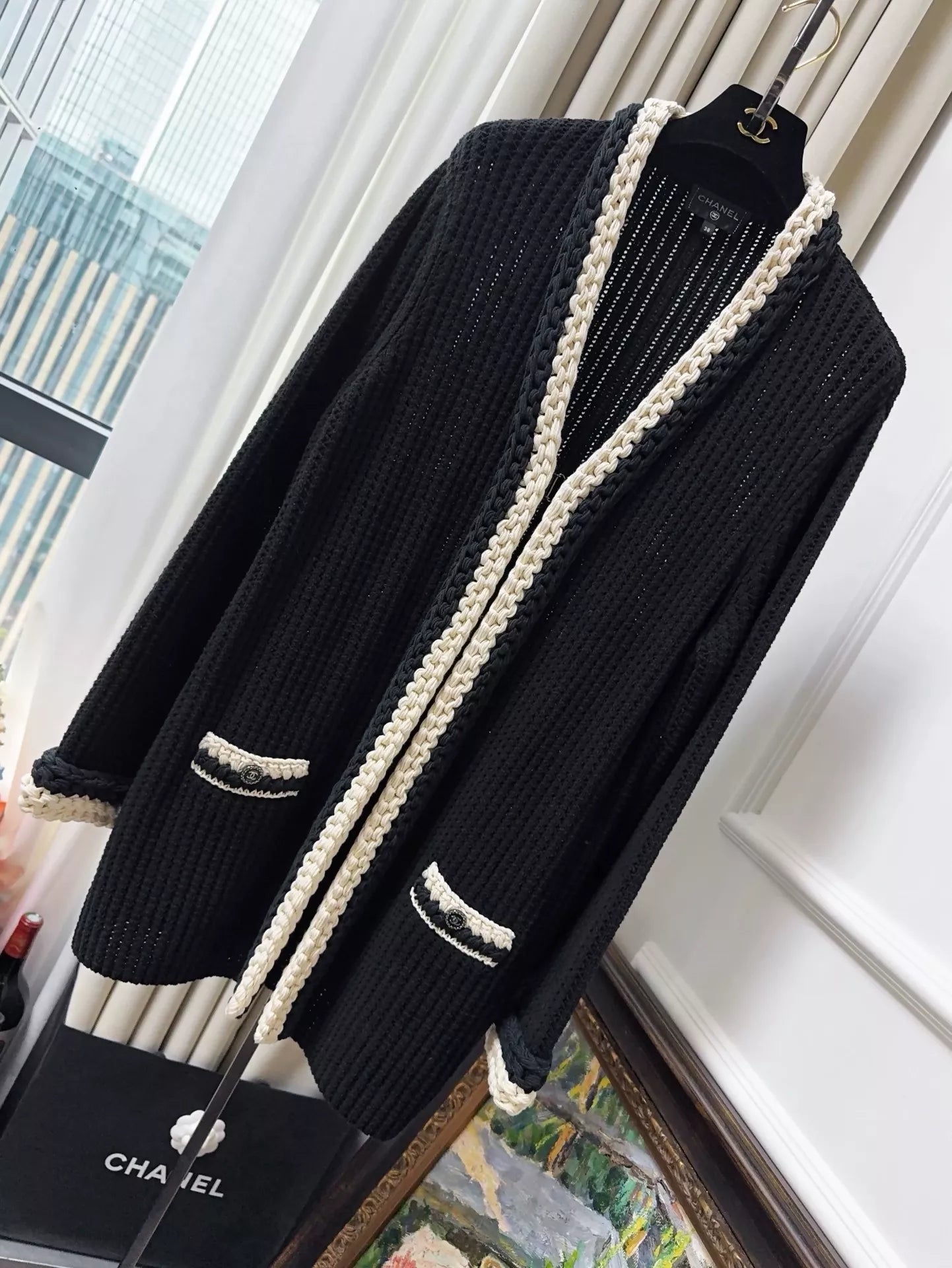 Chanel 22C black knitted long cardigan