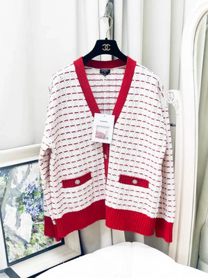 Chanel 23C Red and White Striped V-Neck Knit Cardigan