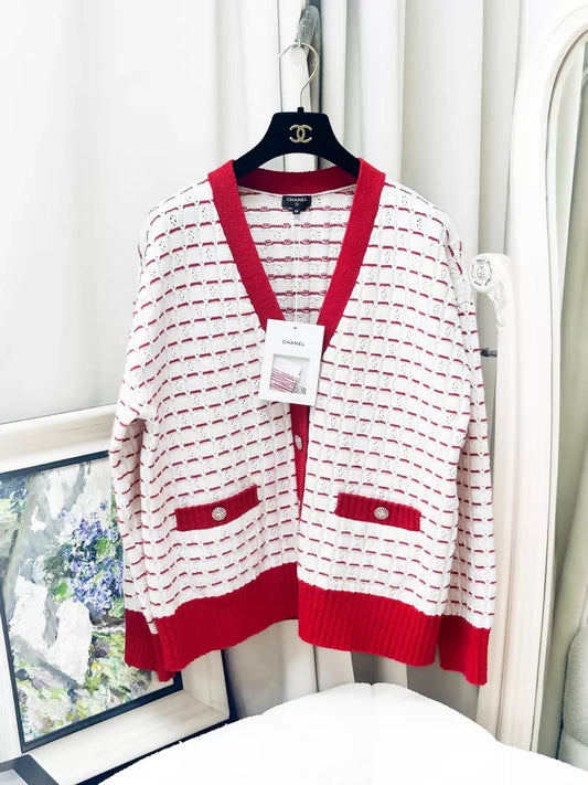 Chanel 23C Red and White Striped V-Neck Knit Cardigan