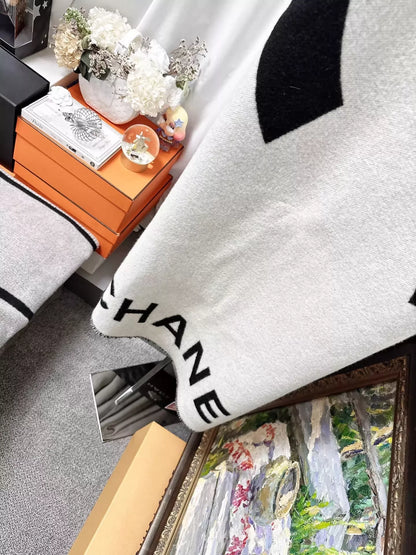 Chanel 21k  Cashmere Black and White  Large Logo Double C Blanket Shawl
