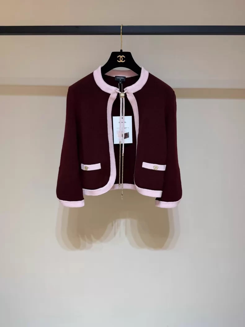 Chanel 25A burgundy cashmere knit cardigan