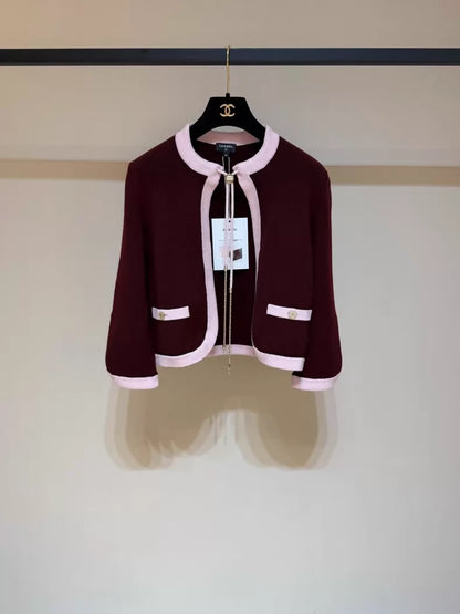 Chanel 25A burgundy cashmere knit cardigan