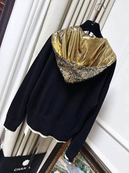 Chanel 24C gold and black hooded cashmere cardigan