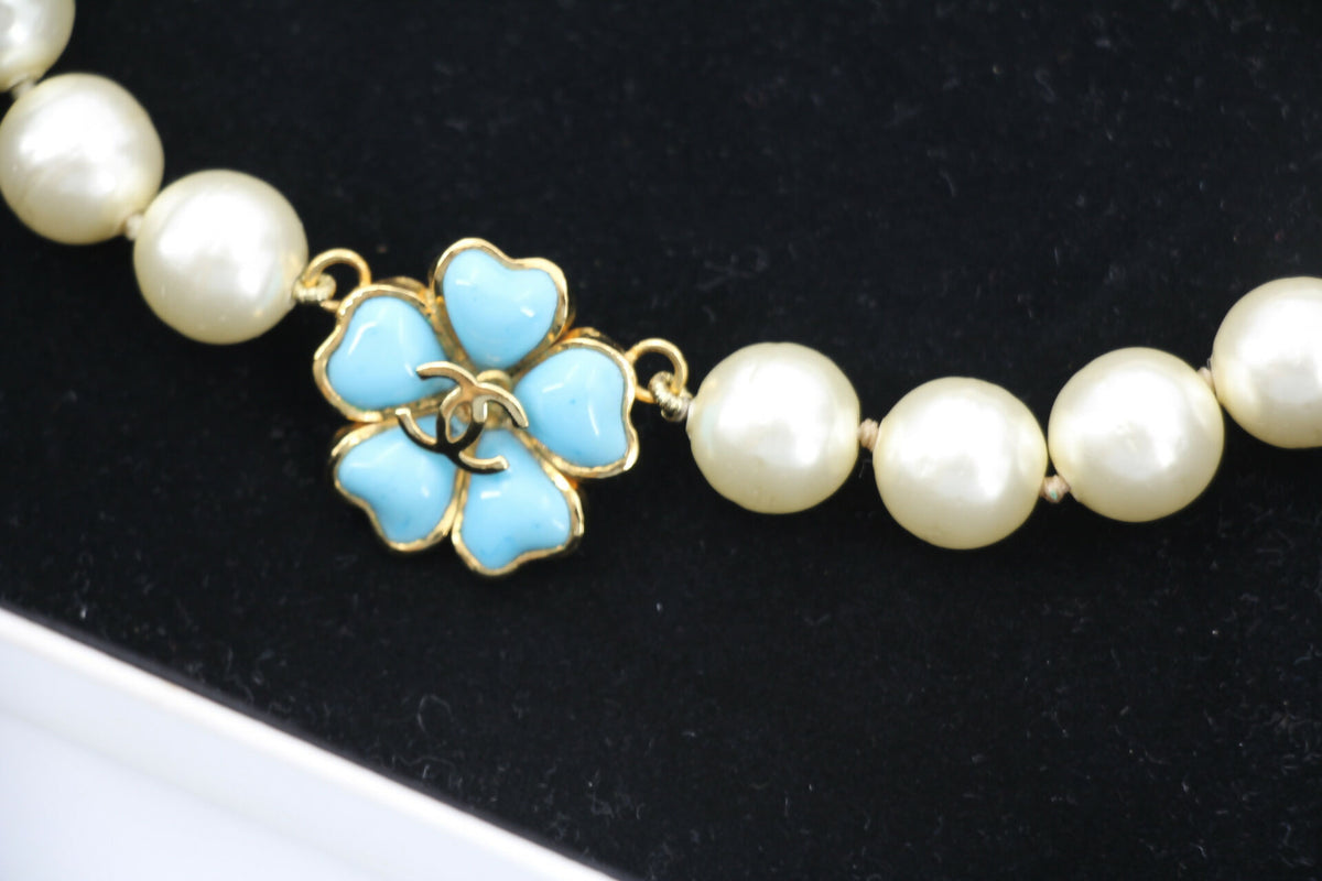 Chanel 97P Blue Gripoix Camellias Pearls Necklace