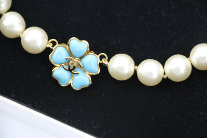 Chanel 97P Blue Gripoix Camellias Pearls Necklace