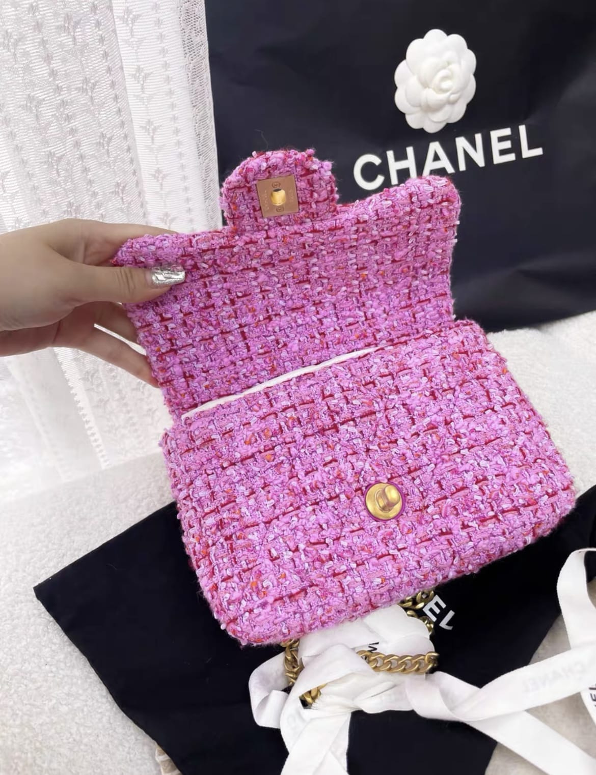 CHANEL 22P SQUARE FLAP BAG TWEED PINK WITH PINK HARDWARE