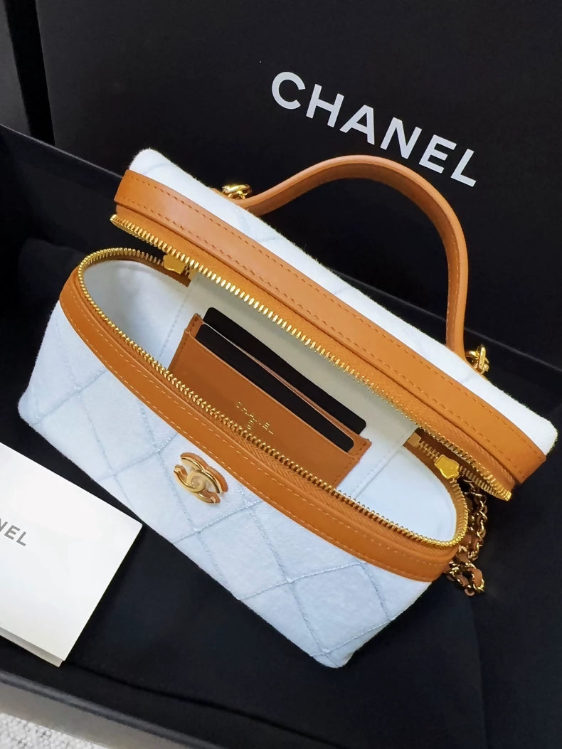 CHANEL 26M Blue Denim and Brown Lunch Bag