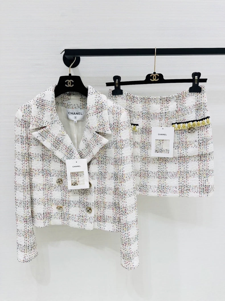 Chanel 24S iridescent white ensemble, jacket and skirt set