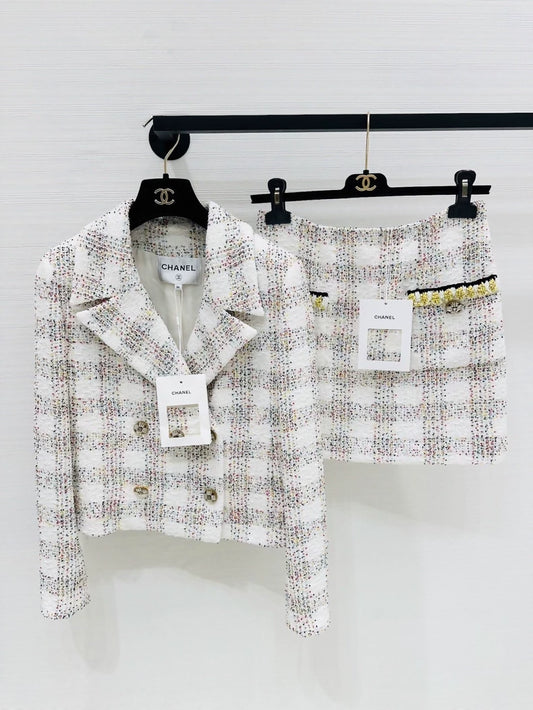 Chanel 24S iridescent white ensemble, jacket and skirt set