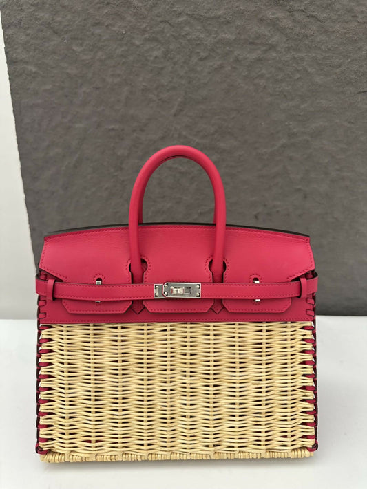 Hermès Limited Edition Picnic Birkin 25 Rose Framboise Osier Wicker & Swift Leather With Palladium Hardware