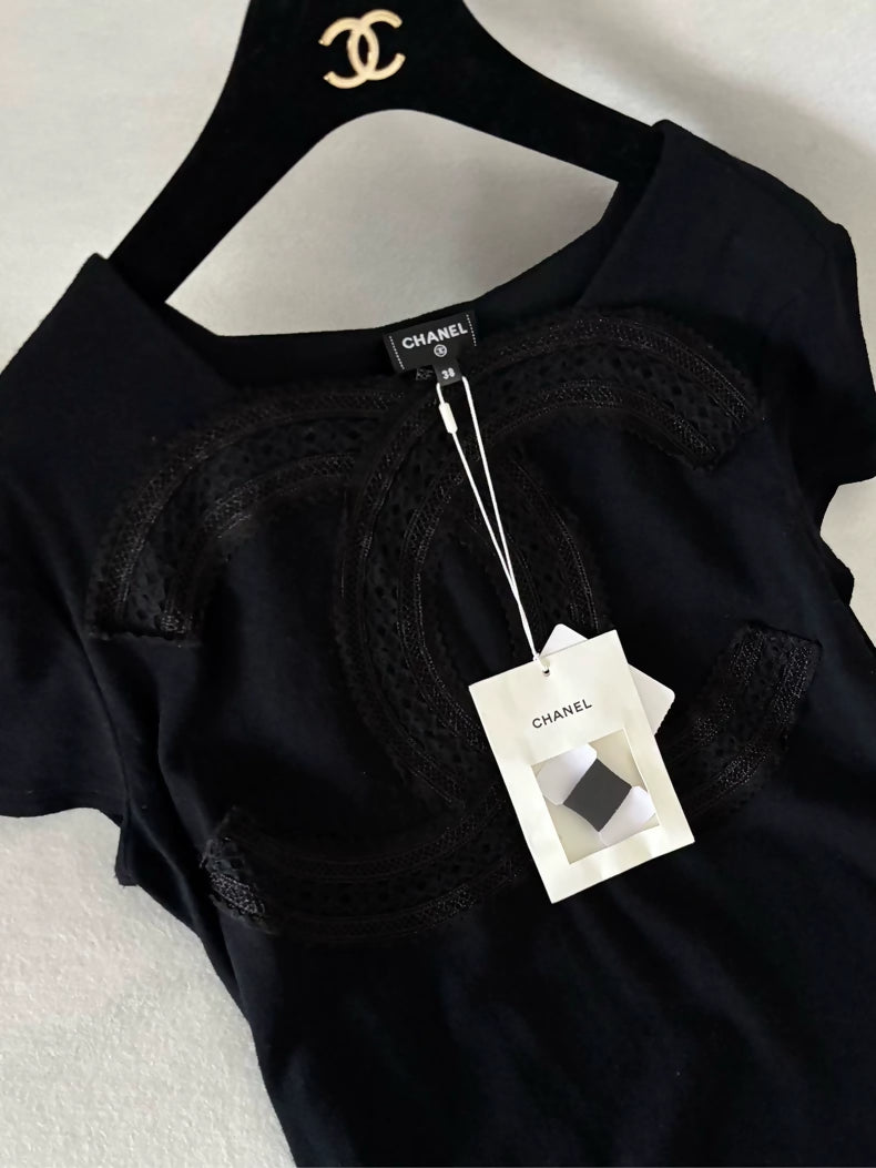 Chanel 24K Black Large Double C Lace Logo T-Shirt