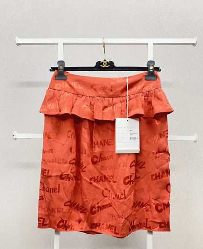 Chanel 22P Rose Red Silk Ruffled All-Logo Midi Skirt