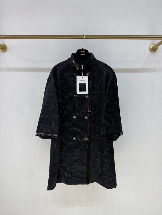 Chanel 22S black Satin Sequin Double C Print Jacket