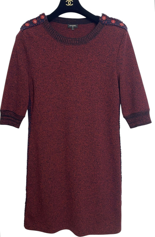 Chanel 2019 Burgundy Navy Wool Cashmere Tweed Trim CC Buttons Dress FR 40