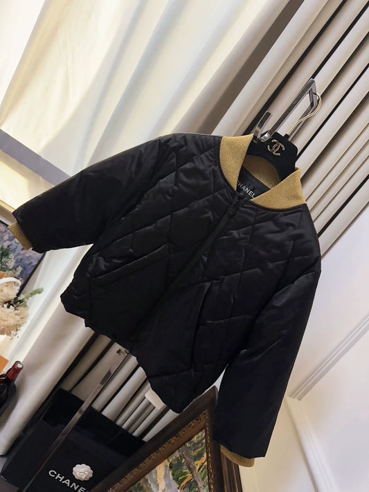 Chanel 17A Black and Gold Collar Quilted Long-Sleeve Short Down Jacket