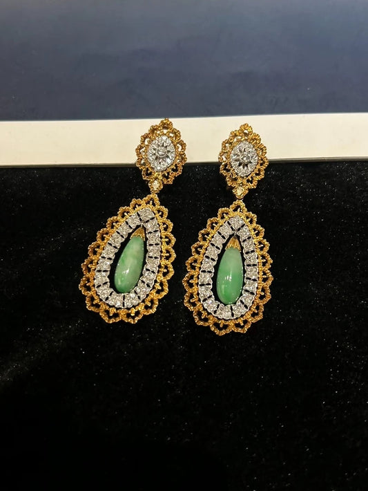 Buccellati Emerald Diamond Lace drop Ear Clips