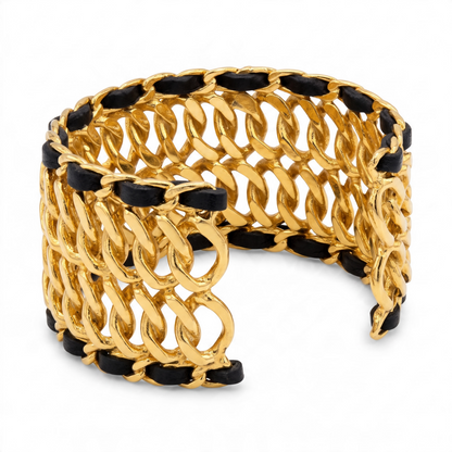 Chanel 24K Gold Plated Black Leather Statement Cuff Bracelet