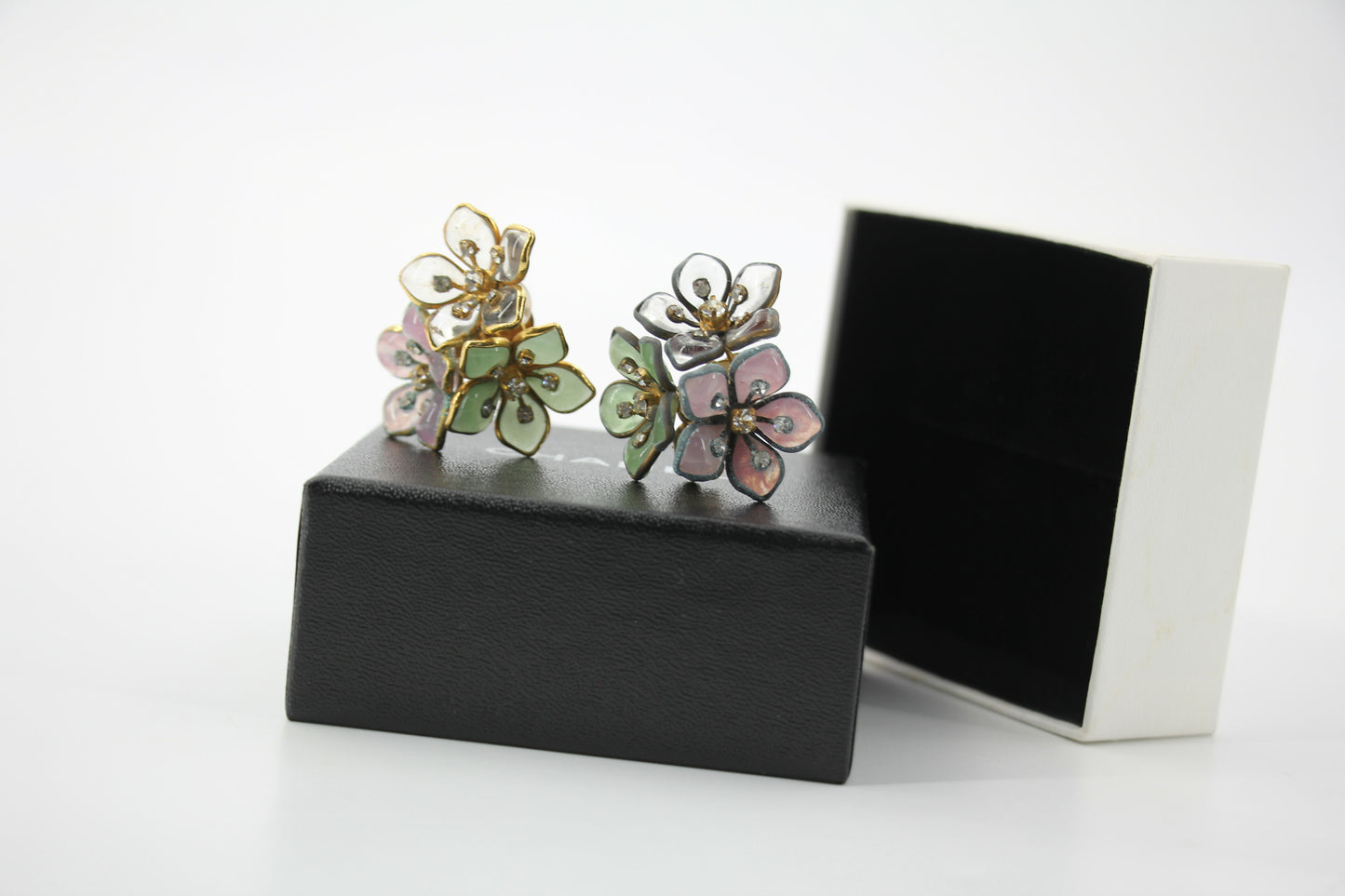 Chanel Vintage 71-80 Rhinestone Pink and Green Flower Earrings
