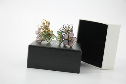 Chanel Vintage 71-80 Rhinestone Pink and Green Flower Earrings