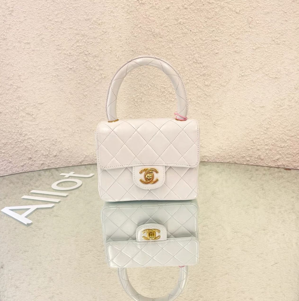 Chanel White Quilted Lambskin CC Top Handle Mini Kelly Bag Gold